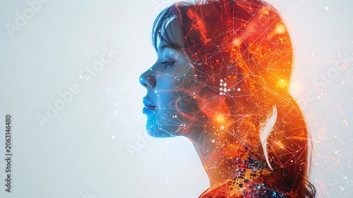 AI technology and woman's silhouette in a double exposure, combining human and machine with text-friendly space.