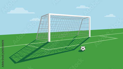 A soccer ball rests on a bright green field near a white goalpost casting a long shadow under a clear blue sky with a few clouds