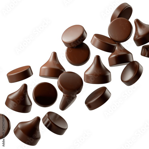 A collection of smooth milk chocolate drops falling through the air, captured with a glossy finish and isolated on a white background, for display