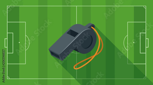 Flat Illustration of a Referee Whistle on a Green Soccer Field Background for Sports Officiating