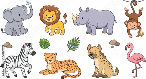 Photography Cute African Safari Jungle Animals Vector Icon Set Featuring Baby Elephant, Lion