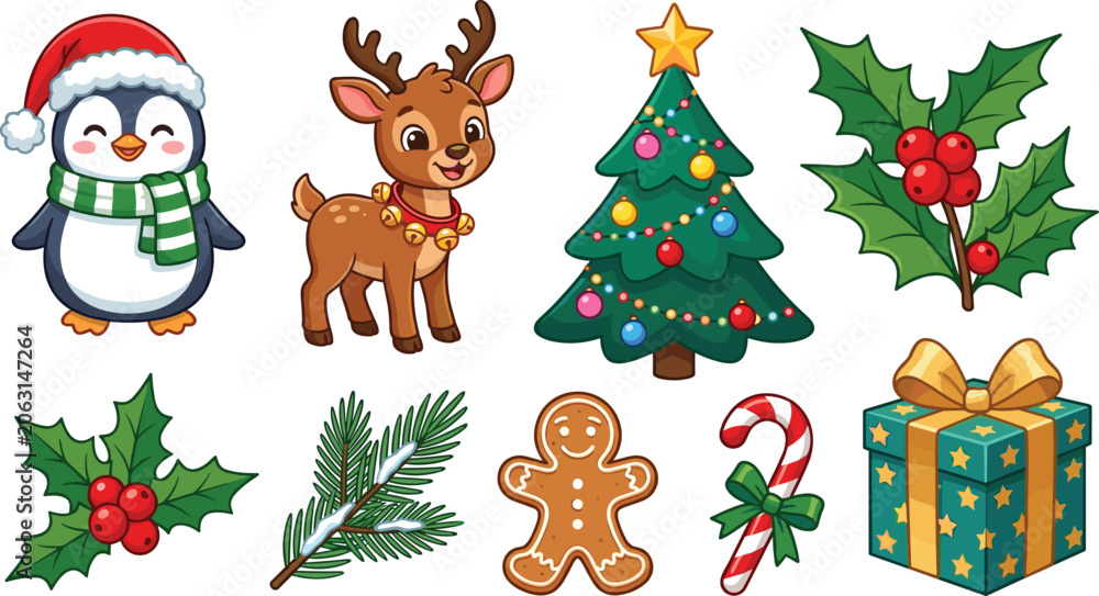 Naklejka premium Cute Christmas Winter Holiday Vector Icon Set Featuring Santa Penguin Reindeer Decorated Xmas Tree Gift Box Gingerbread Man and Holly Berry Elements