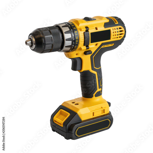 A cordless power drill with a yellow and black plastic body isolated on a black background, featuring a metal chuck and battery pack