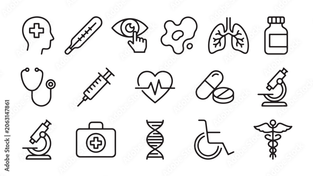 Fototapeta premium Healthcare and Medical Equipment Line Icons