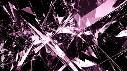Prismatic Chaos: A Dynamic Explosion of Shattered Pink Crystal Shards Against a Black Void