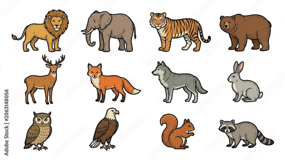 Fototapeta premium Premium Wildlife Cartoon Engraving Icon Collection – Forest, Safari, and Nature Animal Set