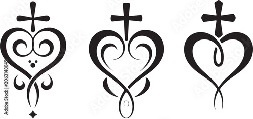 Ornate heart shaped scroll symbols with cross accents for spiritual decorative elements religious memorial anniversary stationery.
