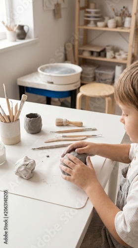 Child working with clay at art studio, creative craft activity, kids art concept.