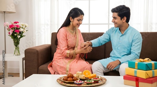 Indian brother and sister celebrating raksha bandhan festival at home