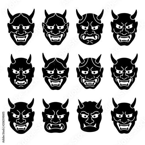 Bild auf Leinwand Collection of twelve japanese hannya demon mask silhouettes with japanese