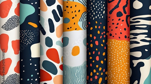 Abstract Patterned Rolls: Colorful, Organic Shapes on Textured Backgrounds.