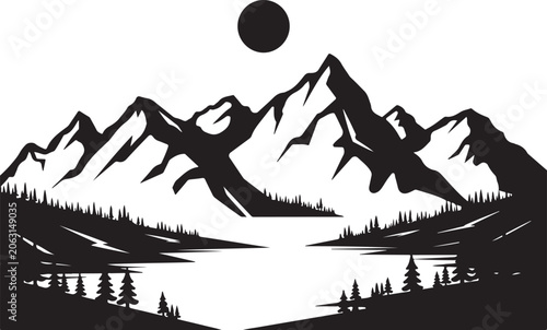 Obraz na płótnie Mountain landscape silhouette with sun and pine trees for outdoor adventures travel logo and nature themed creative graphic projects