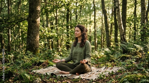 Young woman meditating in lotus position on rug in lush green forest during sunset.