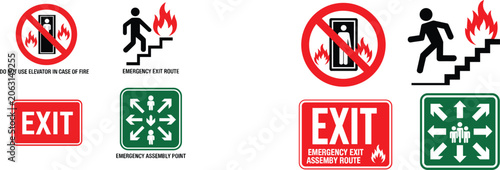 Fotografie Emergency building fire evacuation sign collection bundle with no elevator usage