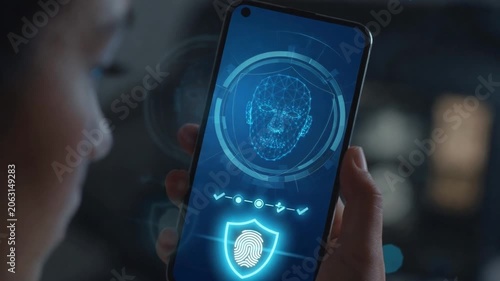 Person unlocking a mobile phone using a futuristic facial recognition system and fingerprint scanner, symbolizing advanced biometric authentication and cybersecurity for data protection