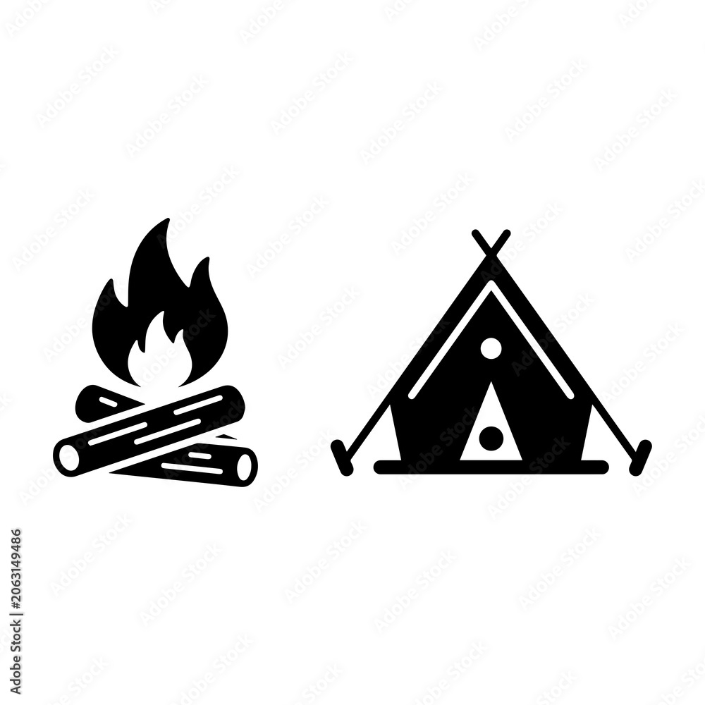 Fototapeta premium Camping tent and bonfire simple vector icon set with outdoors, adventure