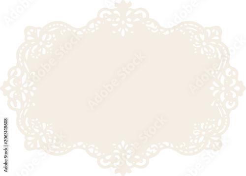 Elegant horizontal beige lace frame with floral cutout ornament on transparent background, ideal for wedding invitations, greeting cards and stationery