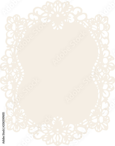 Elegant vertical beige lace frame with floral cutout ornament on transparent background, ideal for wedding invitations, greeting cards and stationery