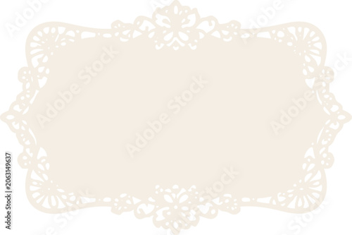 Elegant horizontal beige lace frame with floral cutout ornament on transparent background, perfect for wedding invitations, greeting cards and stationery