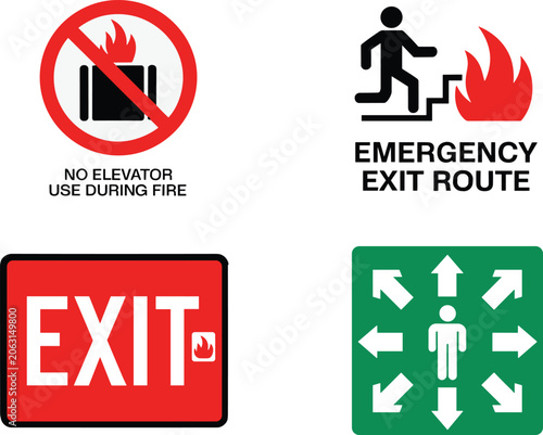 Fotografie Emergency building evacuation signage pack with no elevator use during fire runn