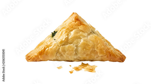 Golden crisp triangular Greek Spanakopita spinach pastry isolated on a solid white background