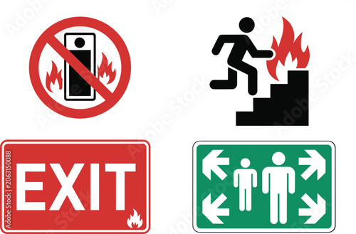 Obraz na płótnie Emergency fire evacuation safety sign set including no elevator usage running up