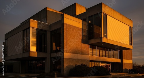 Modern brutalist concrete building at sunset with warm golden light