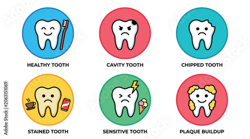Set of circular icons highlighting daily dental habits and tooth protection