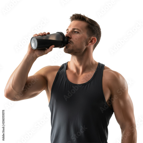 Muscular caucasian man, early 30s, in gray racerback tank drinking from black protein shaker against white studio background with dramatic lighting, post-workout satisfaction