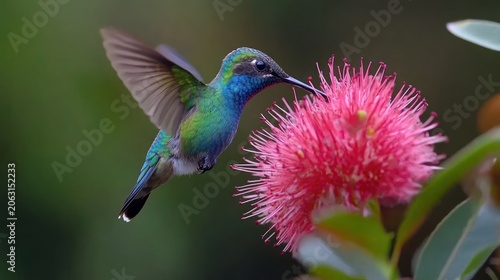 Iridescent hummingbird approaching a bright pink fluffy flower in close-up.