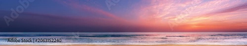 Colorful Beach Sunset Panorama with Purple Orange Sky and Ocean Waves, Nature Animation, Widescreen Loop