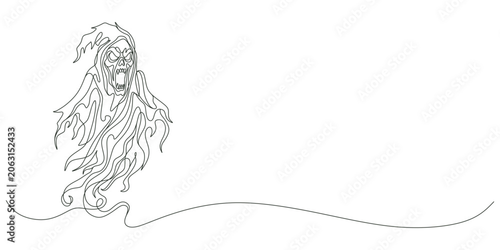 Fototapeta premium Scary grim reaper or ghost character continuous line art vector illustration