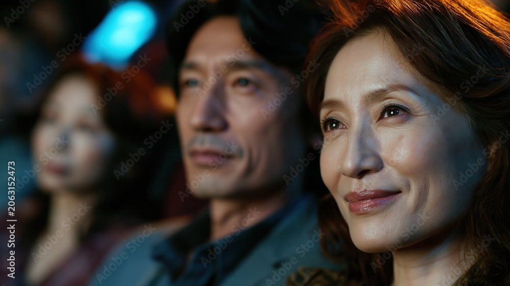 Obraz premium An Asian couple sitting in a cinema.