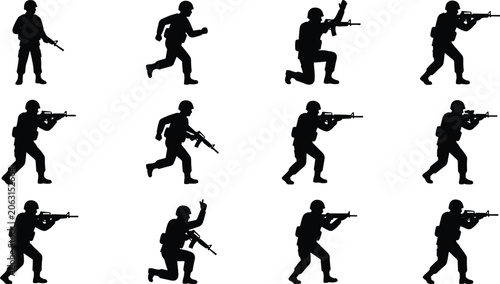 Konstfotografi Set of Black Silhouette Soldier Icons in Tactical Poses, Military Army Men Runni