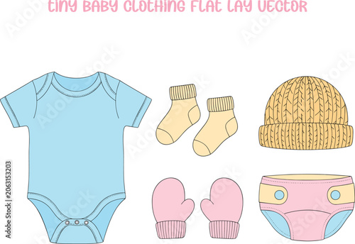 Baby clothing flat lay with onesie, socks, hat, and mittens in pastel colors