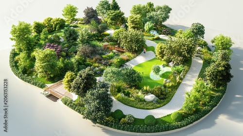 Isometric 3D model of a modern garden park featuring circular paths, lush green grass, and groups of trees.