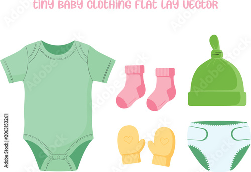 Green baby onesie, pink booties, yellow mittens, and matching hat laid flat on white background