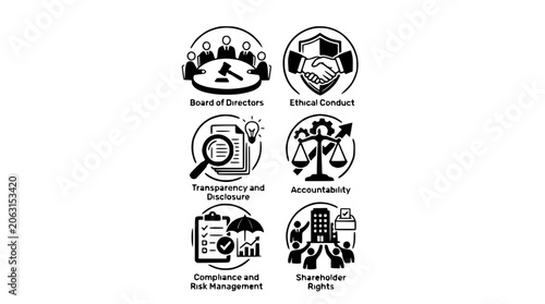 Corporate Governance Icons, Black and White Illustration