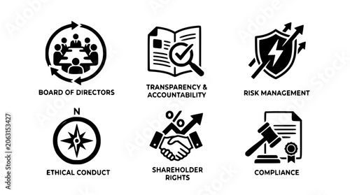Corporate Governance Icons Set, Business Ethics and Management Symbols
