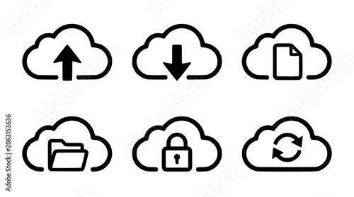 Cloud Storage Icons Set Featuring Upload Download File Folder Lock and Sync