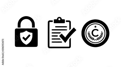 Compliance Icons Set Featuring Security Padlock Clipboard and Copyright Symbol