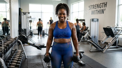 Portrait of a proud, sweaty African American woman athlete with natural braided hair, holding dumbbells and smiling at the viewer in a modern, active gym with large windows.
