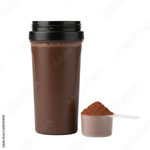 A dark chocolate protein shake in a sleek matte black shaker and finely milled powder in a white scoop, on a transparent background, brightly lit with soft shadows, premium health product concept