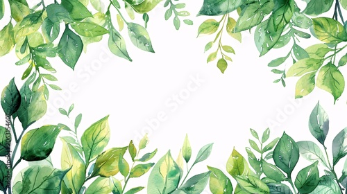 Watercolor botanical border frame template, featuring lush greenery and floral elements for artistic designs.