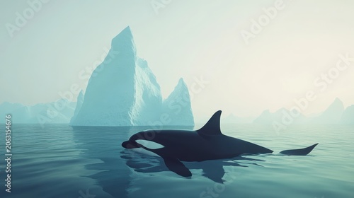 Killer whale orca surfacing in calm Arctic waters with a massive iceberg in the background.