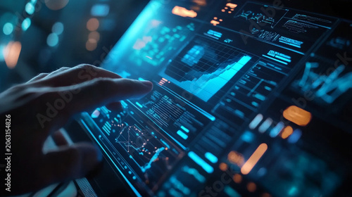 Close-up of intelligent financial planning dashboard providing spending insights and savings recommendations, fintech future concept, realistic stock photography