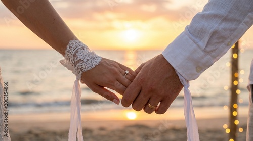 Couple holding hands at beach sunset, romantic love concept, summer vacation.