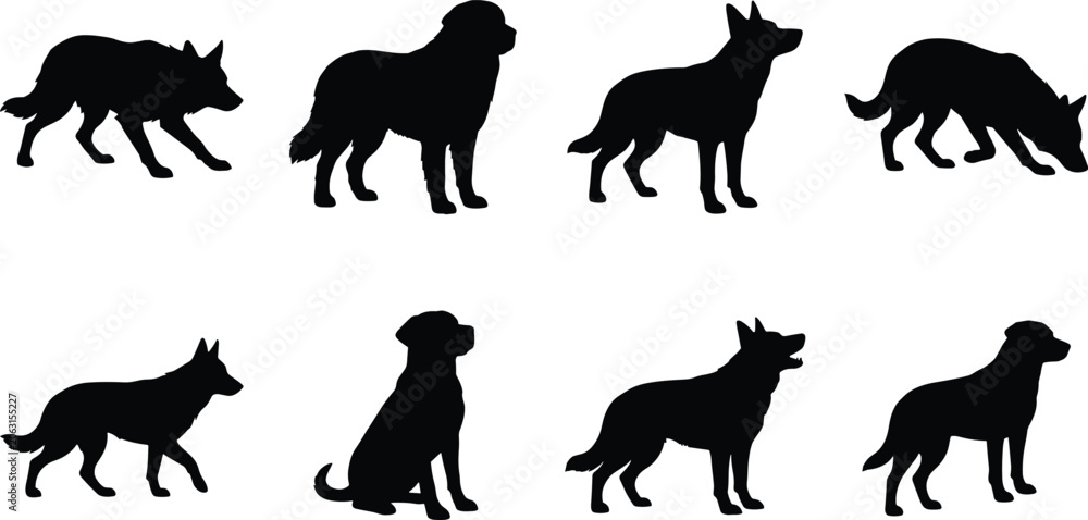 Obraz premium Dog silhouettes in various poses including standing, sitting, walking, and sniffing for design projects