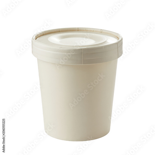 A blank white paper food cup with a secure lid, commonly used for serving ice cream or hot soup, presented on a plain white background