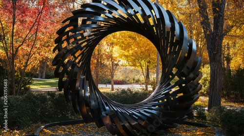 Large circular vortex metal sculpture reflecting vibrant autumn colors in a tranquil forest setting.